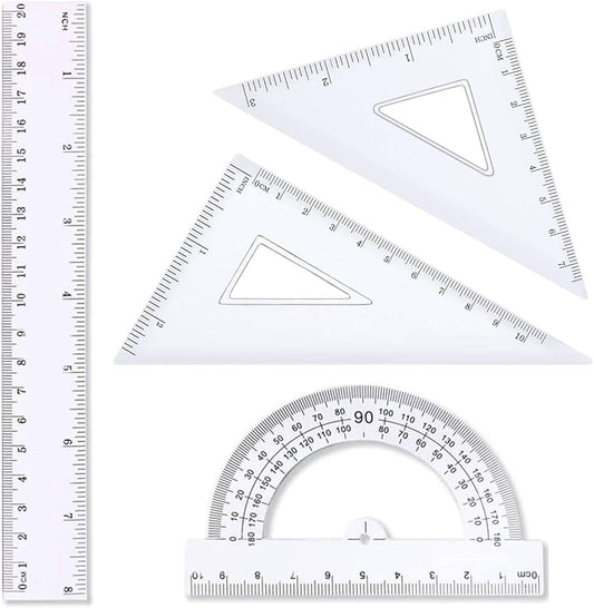Geometry Ruler Set 4 Pieces with Ruler, Protractor and Triangle Rulers