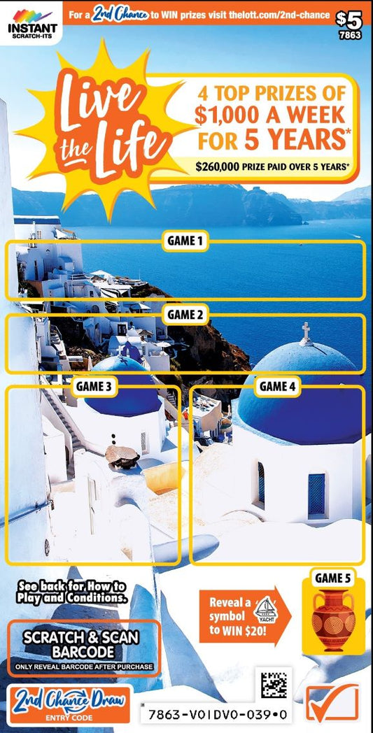 Live the Life $5 Santorini Version Scratch Card