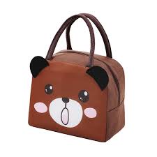 Small Brown Lunch Bag with Bear Illustration Face at Front