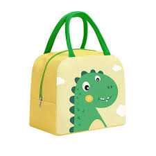 Small Yellow Lunch Bag with Cute Dinosaur Face Illustration at Front