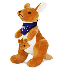 Big Boom Up Australia Kangaroo with its Joey Stuffed Toy, Ribbon Around its Neck