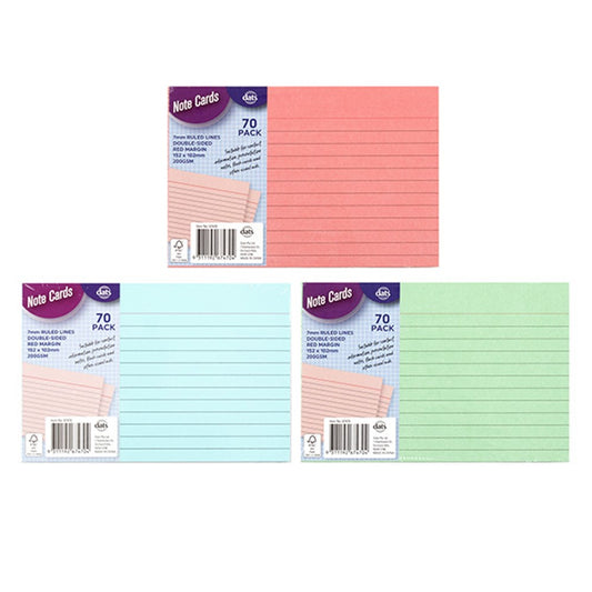 Pink, White or Green 70 Pack note Cards 6mm ruled lines 152x102mm
