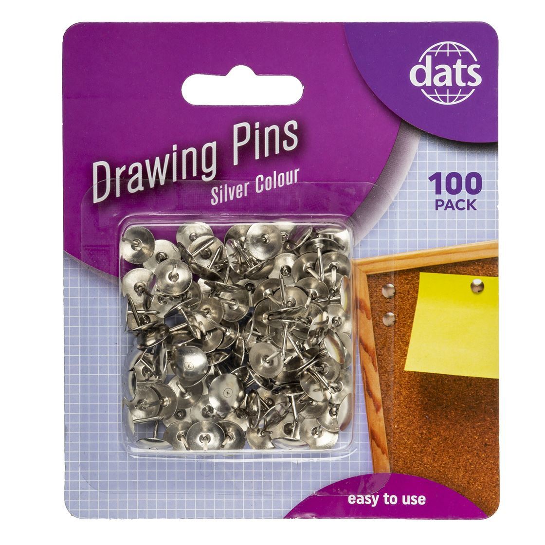 Silver coloured Drawing Pins 100 Pack